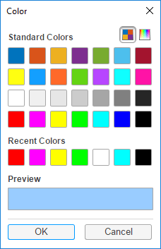 Color picker. The window contains images of standard colors, recent colors, and a preview of the default light blue color. There are OK and Cancel buttons at the bottom of the window.