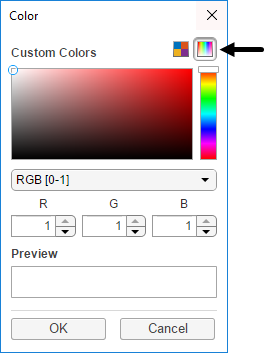 Color picker. The Custom Colors tab is selected. The window displays a box with a color gradient, a color slider, a drop-down with RBG selected, the RGB values of the selected color, and a preview of the selected color.