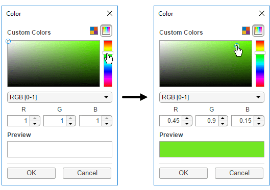 Color picker before and after selecting a new color. On the left, selecting a new color using the slider updates the gradient. On the right, selecting a point in the gradient updates the RGB values and the color preview.