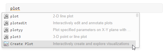 Image shows the mouse cursor hovering over the Create Plot Live Task option in the Tab Completion menu for the keyword "plot"