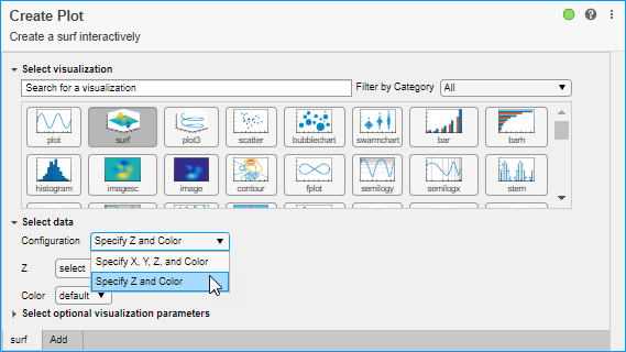 Image shows the interface of the Create Plot task interface with surf selected. The cursor is hovering over the open configuration drop-down menu over the selection "Specify Z and Color".