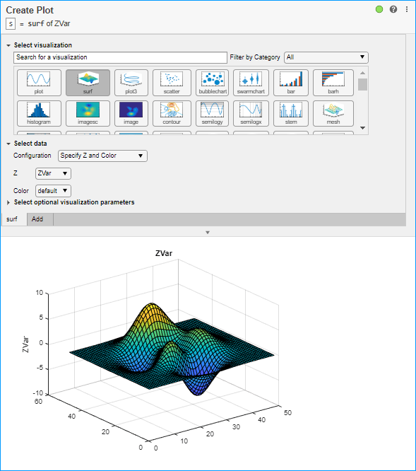 Image shows the interface of the Create Plot task with a surf plot of the peaks data set.