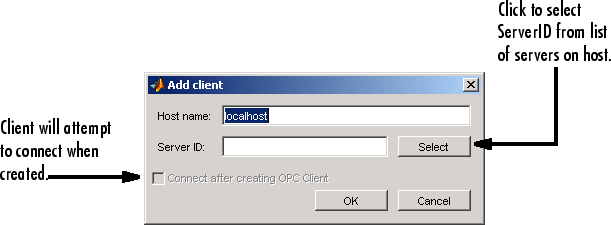 Add client dialog with fields for host name and server ID