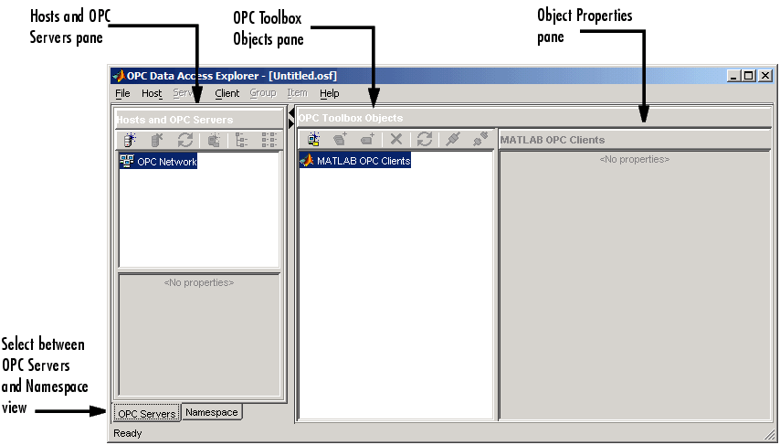 OPC Data Access Explorer with panes for hosts and servers, toolbox objects, and properties
