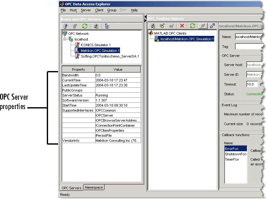 OPC Data Access Explorer after connecting to client