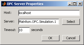 OPC server properties dialog