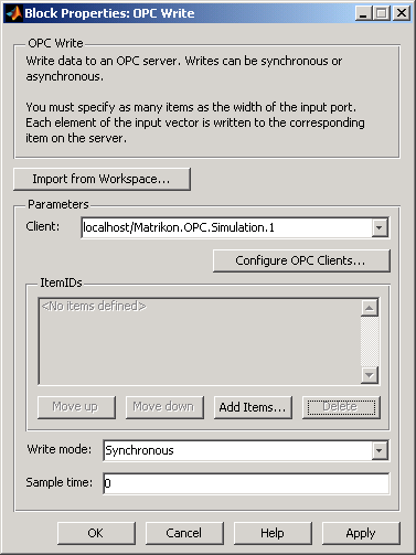 OPC Write block parameter dialog