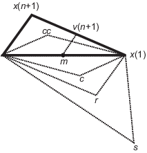 Graphical representation of fminsearch algorithm showing reflection, expansion, contraction, and shrinking points.