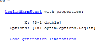 ws = LsqlinWarmStart with properties X and Options and a link "Code generation limitations"