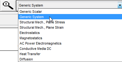 View of the drop-down list for selecting particular applications: generic scalar, generic system, structural mechanics - plane stress, structural mechanics - plane strain, electrostatics, magnetostatics, AC power electromagnetics, conductive media DC. heat transfer, and diffusion