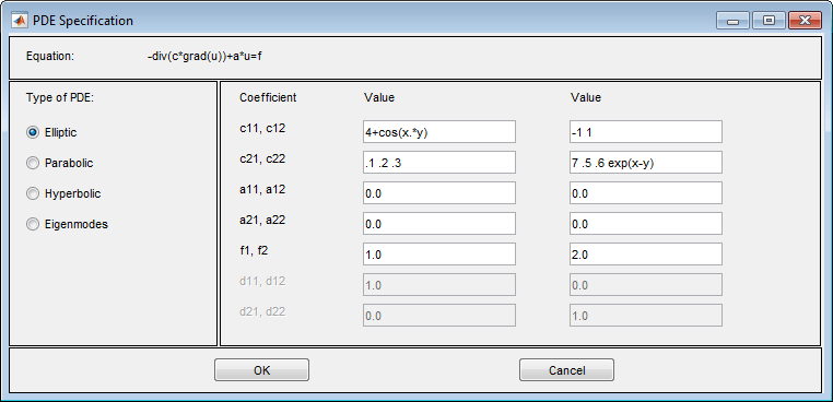 Dialog box with the matrix coefficients values separated by spaces