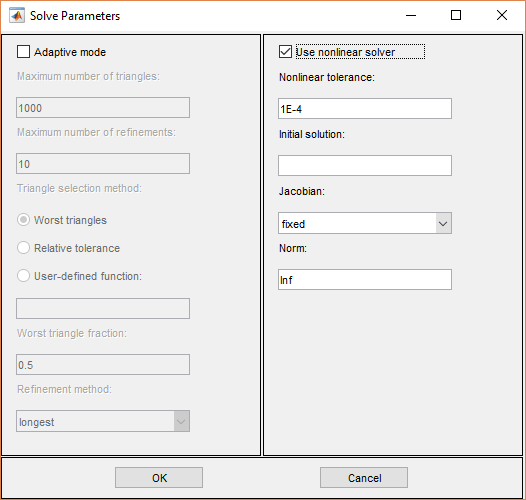 Dialog box for specifying the solver parameters for nonlinear equations