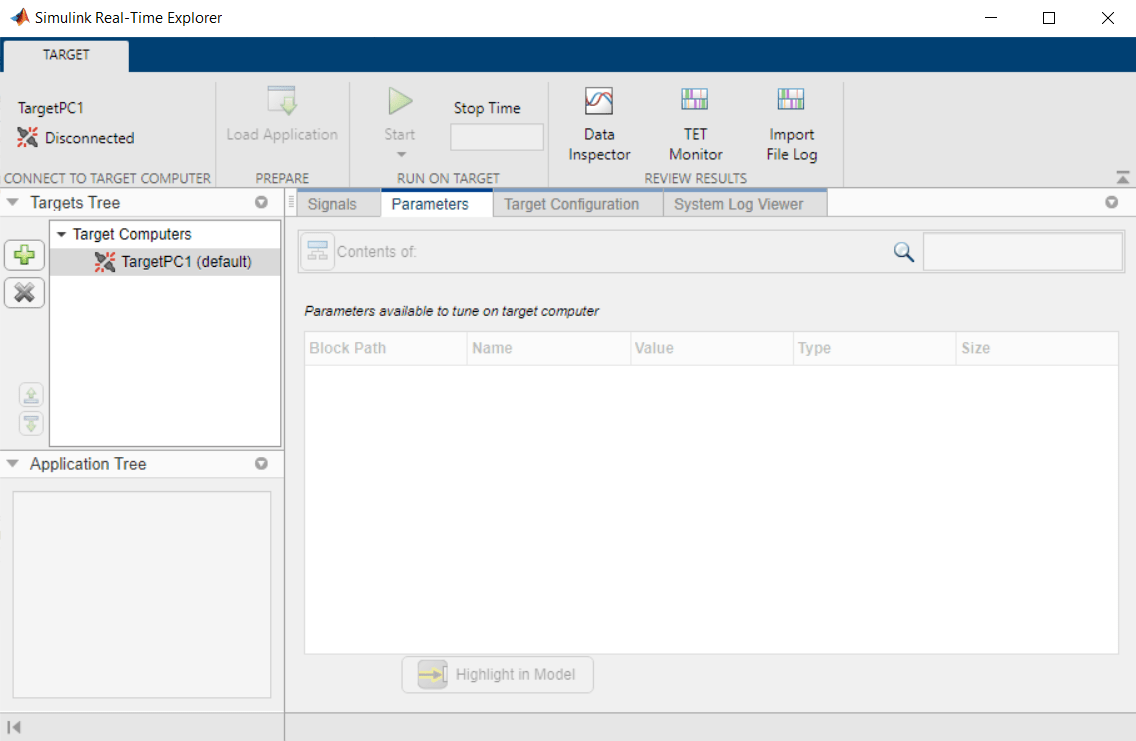 Simulink Real-Time Explorer window with disconnected target computer.
