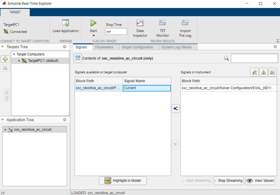 Simulink Real-Time Explorer window with connected target computer.