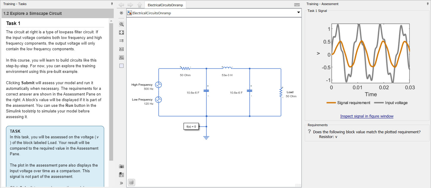 Circuit Simulation Onramp describes the task, displays an interactive model, and assesses whether the model matches the requirements set by the training.