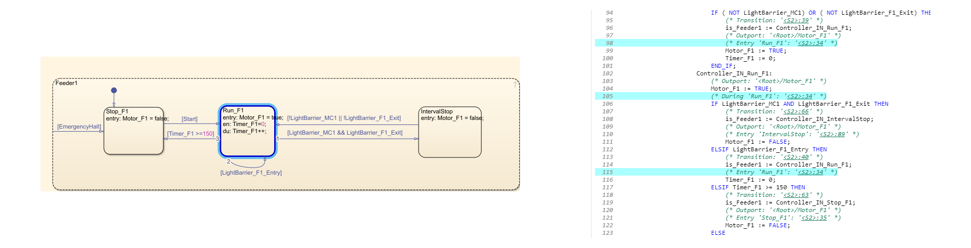 Click on highlighted state and corresponding lines are highlighted in the generated code.