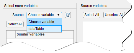 The Source Choose variable list shows one entry, "dataTable".