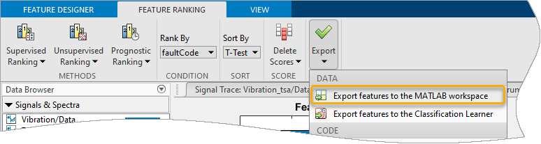 The Export button is on the far right. Export features to the MATLAB workspace is the first item in the list beneath the button.