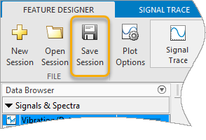 The Save Session icon is the third icon from the left in the Feature Designer tab.