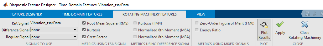 The Rotating Machinery tab contains the following sections from left to right: Signals to use, Metrics using TSA Signal, metrics using Difference Signal, Metrics Using Mixed Signals, Plot, and Apply.