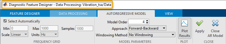 The title bar at the top identifies Vibration_tsa/Data as the source signal. The Autoregressive tab shows four sections, from left to right the parameters for the frequency grid, the model parameters, the plot results option, and the Apply and Close AR Model buttons.