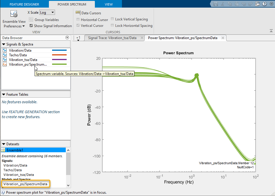 The new spectrum variable is the last item in the list on the left. A tooltip describing the variable sources is below. The large pane on the right contains the power spectrum plot.