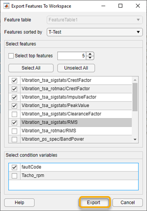 The Export Features to Workspace dialog box contains, from top to bottom, Features sorted by, Select top features, Select and Unselect All buttons, a list of selectable features, and a list of selectable condition variables. The Export button is second from the right on the bottom of the dialog box.