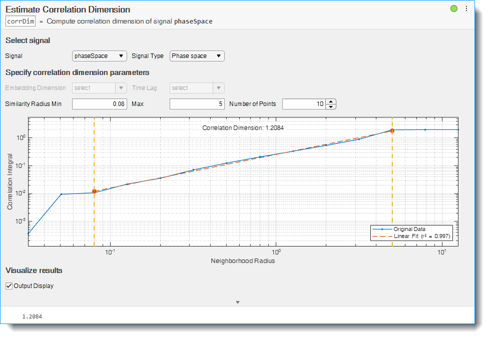 Estimate Correlation Dimension task in Live Editor