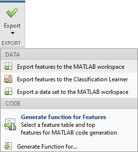 Export button in Diagnostic Feature Designer showing menu for feature and data export and for code generation
