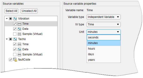The Source variables panel is on the left. The Time variable in the Vibration signal is highlighted. The Source variable properties on the right displays options for variable name, variable type, IV type, and Unit. The unit menu ranges from seconds to years.