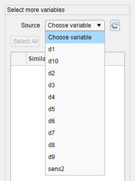 List of all workspace variables, arranged vertically in a menu. The list contains member files that start with the letter "d" and another file named "sens2".