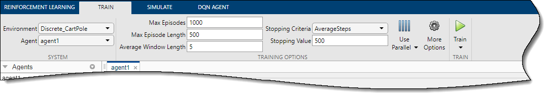 Reinforcement Learning Designer app showing the Train tab in the toolstrip