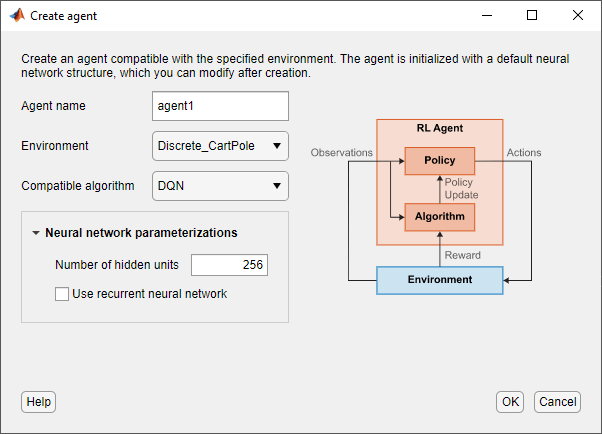 Dialog box for specifying options for creating a default agent.