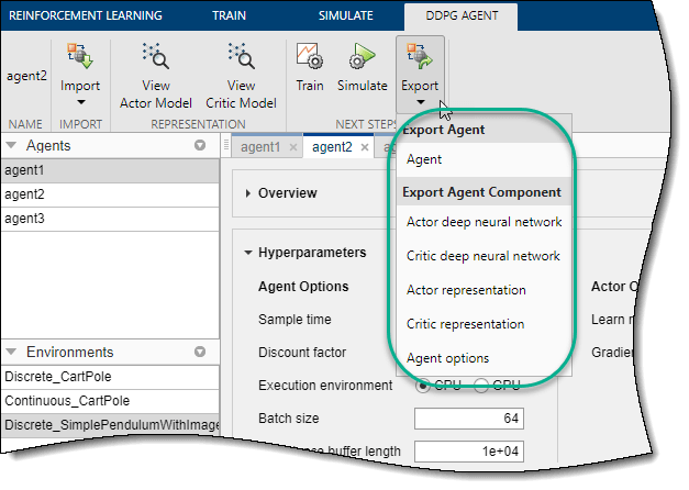 Select the agent or agent component to export to the MATLAB workspace.