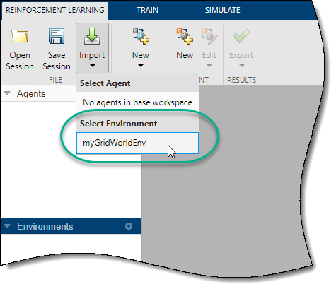 Select one of the listed environments, which are available in the MATLAB workspace.