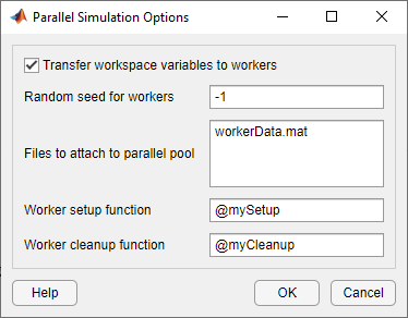 Parallel Simulation options dialog showing file and function information.