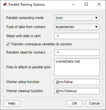 Parallel training options dialog showing file and function information.
