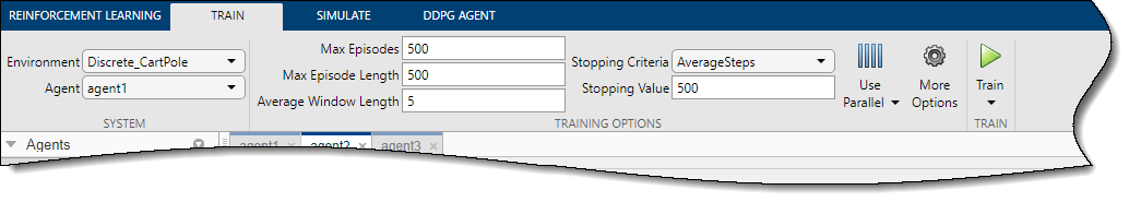 Specify training options on the Train tab.