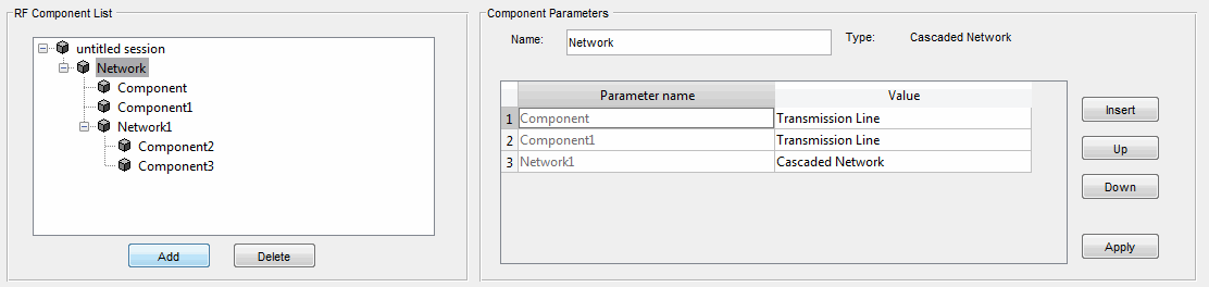 RF component list and component parameters