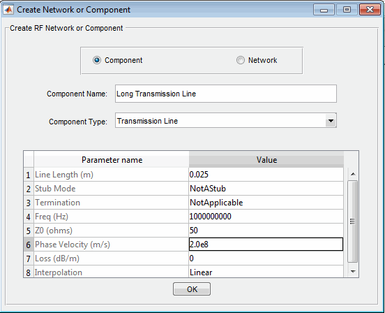 Create network or component pane with transmission line parameters