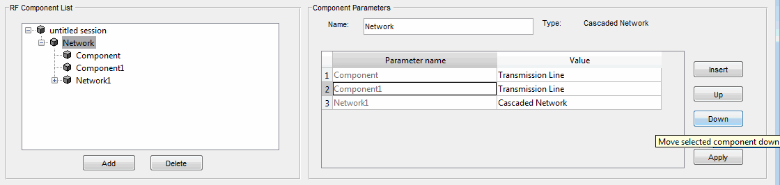 Down button in the component parameters pane