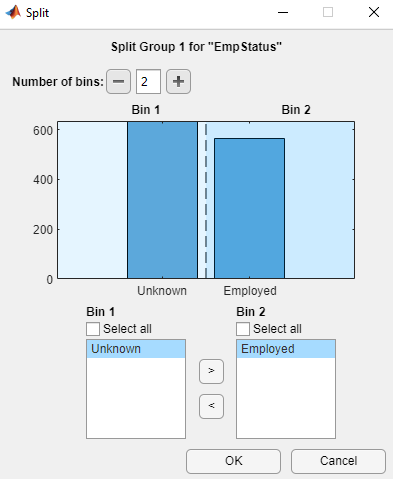 Use the Split dialog to specify splitting for a selected bin