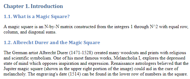 Chapter one with two sections, "What is a Magic Square" and "Albrecht Durer and the Magic Square"