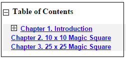 Table of contents that lists three chapters: "Introduction", "10 by 10 Magic Square", and "25 by 25 magic square"