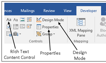 The Controls group on the Developer tab, with annotations that identify the Rich Text Content Control, Properties control, and Design Mode control