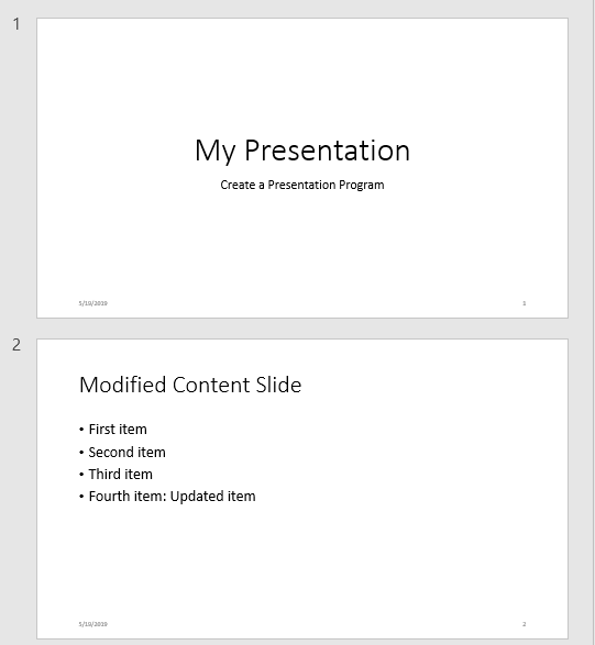 Slide two with the title "Modified Content Slide" and four bulleted items: "First item", "Second item", "Third item", and "Fourth item: Updated item"