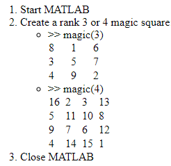A numbered list with three items. The sublist items contain text for the magic function call and a table for the output.