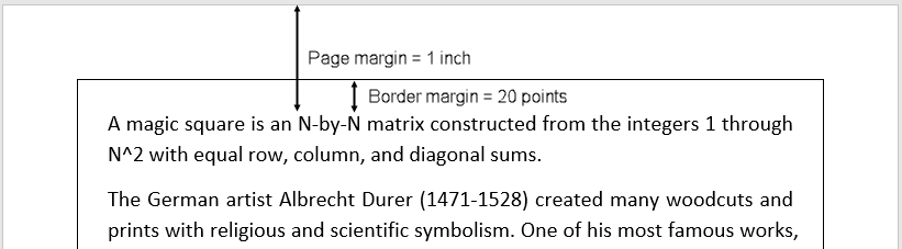 Arrow measuring a one-inch page margin stretches from the top page edge to the text. Another arrow for the border margin stretches between the border and the text.