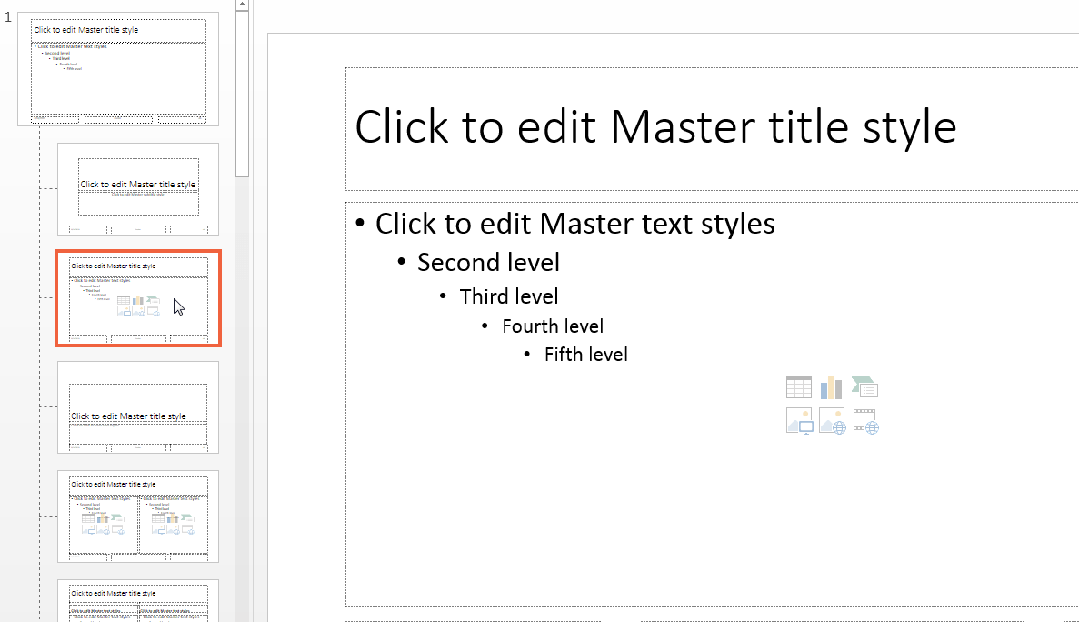 Slide master view with Title and Content slide layout selected
