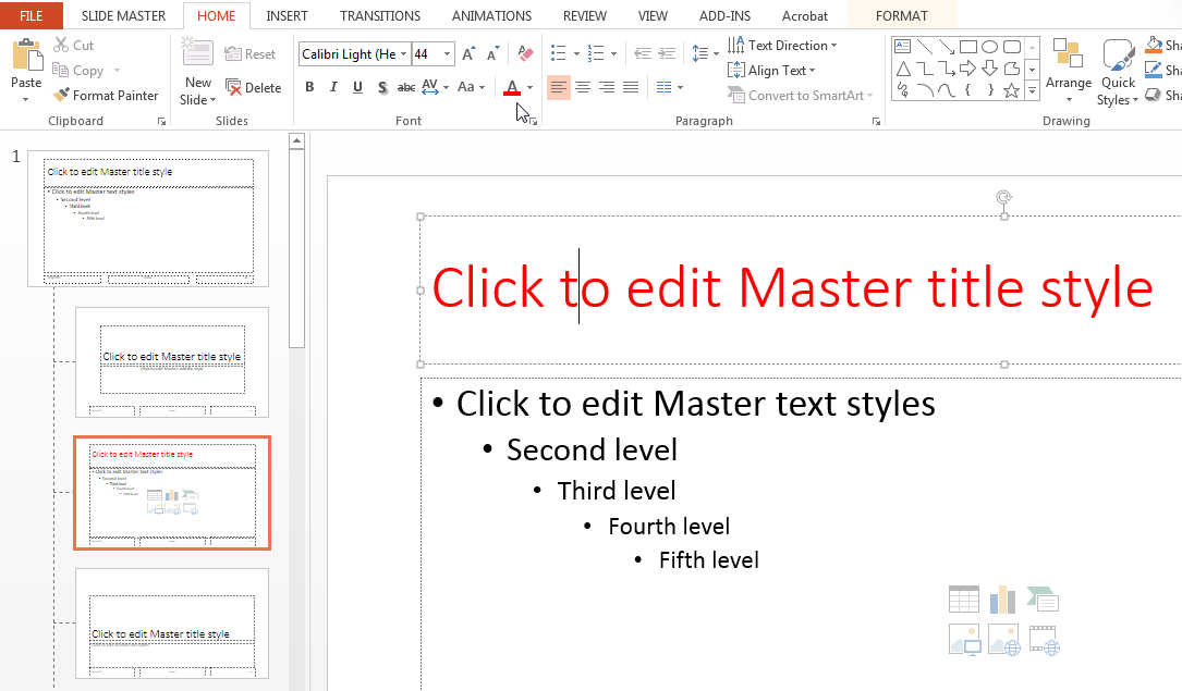 Placeholder title in the Title and Content slide layout is red.